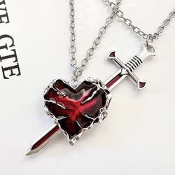 Gothic Red Heart & Dagger Necklace Set|  Heart and Sword Necklace