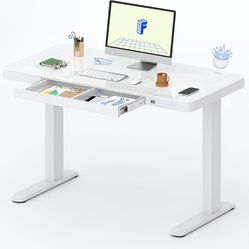 White Glass Standing Desk with USB Charge Ports, 48” Height Adjustible Sit to Stand