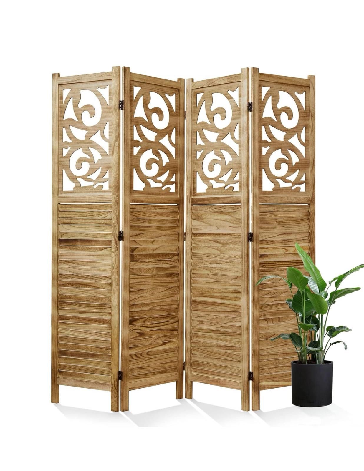 Room Divider Wood Carved Wall Divider Indoor Folding Portable Partition Screen for Home Office Garden Terrace - 4 Panel, 67 * 60inch (Wood) (4)