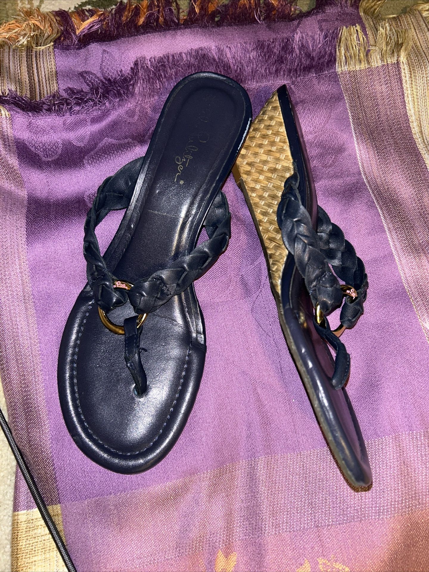 Lilly Pulitzer navy wedge sandal size 7.5, located 1 mile from Rts 401 and 113, across from Gardners Nurseries.