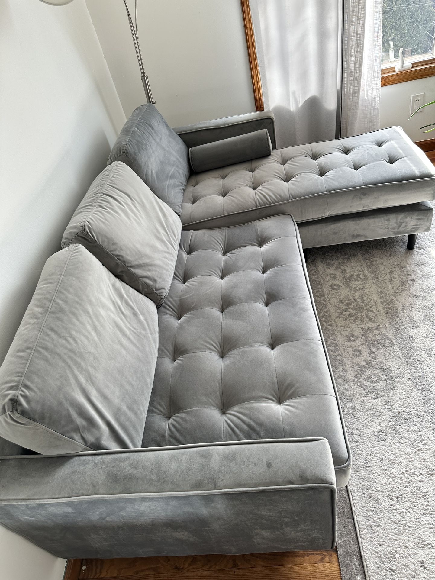 Tufted Grey Velvet L-Shape Couch Sofa