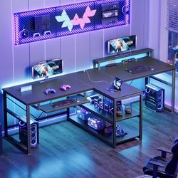 SEDETA 94.5" Gaming Computer Desk, 2 Person Office Desk with Storage, LED Lights, Power Strip, Long Desks with Keyboard Tray & Monitor Stand for Home