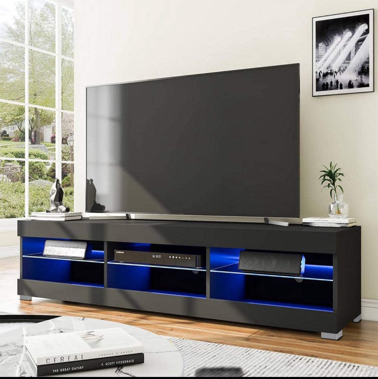 57.1 in. Black TV Stand with 6 Open Layers - RBG LED Backlights