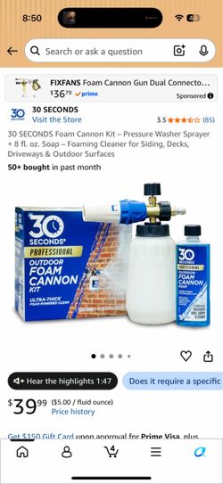 30 SECONDS Foam Cannon Kit – Pressure Washer Sprayer + 8 fl. oz. Soap – Foaming Cleaner for Siding, Decks, Driveways & Outdoor Surfaces