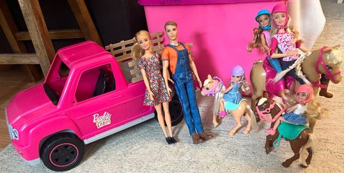Barbie horse, Chelsea’s pony’s, farm truck, Ken, Stacy, Chelsea’s and Barbie’s bundle