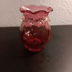 VTG Pilgrim Cranberry Glass 5" Miniature Vase with Applied Rigaree.

