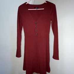 Wine Red Casual Long Sleeve Dress