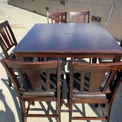 dark wood counter-height dining table and  6  chairs set. Size Table 36” H  And Chair  24” H 