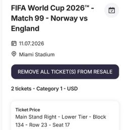 England v Norway, 2 tickets, Category 1