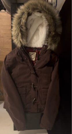 Hollister Brown Faux Fur Hooded Lined Short Jacket Button Zipper