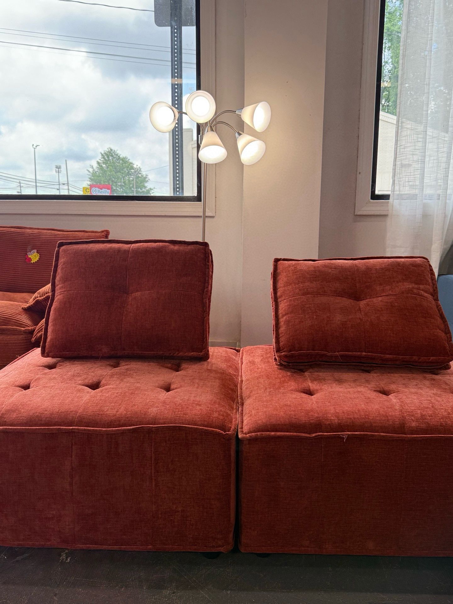 🔥Set of 2 🔥Modern Modular Sectional Sofa, Convertible Button Tufted Velvet Sofa for Living Room DIY Sectional Sofa Set (Orange) 💰299$
