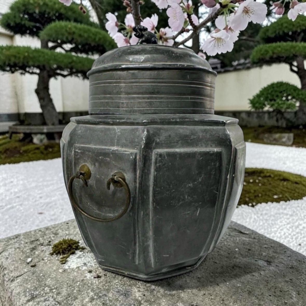 Rare Antique Chinese Pewter Tea Caddy Octagonal Form Jar with Foo Dog Finial