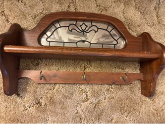 Vintage Farmhouse Cottage Wooden Wall Ornate Mirror with Shelf and 3 Metal Hooks