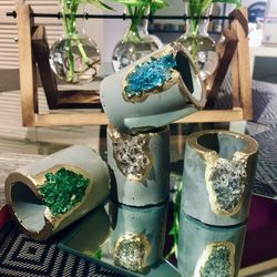 Set of 4 Succulent Pots | Cement Green Crystal Planters | Air Plant Holders | Small Plant Pots | Not Free