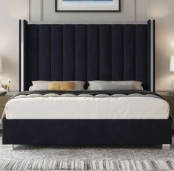 NEW Black Upholstered Bed Frame with Tall Wingback Headboard
