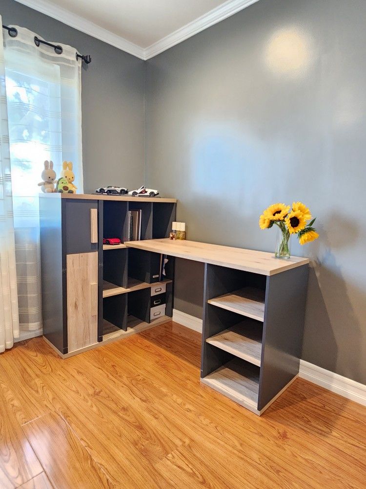 L-Shaped Computer Desk with Cube Shelves and Cabinet