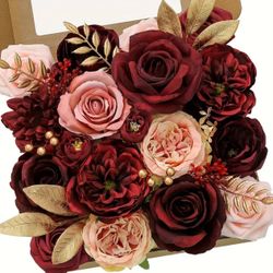 A Box of Burgundy Pink & Blush Pink Flowers Roses and Peonies, Golden Leaves, Fall Table Centerpiece, Autumnal Decor, Wedding or Birthday DIY Decor