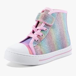 Size 11 Little Kid Girls Canvas High Top Walking Shoes with Hook and Loops, Gradient Glitter Multi, NEW