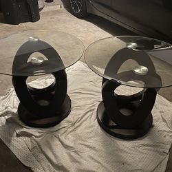 Two Wood End Tables With Glass Top