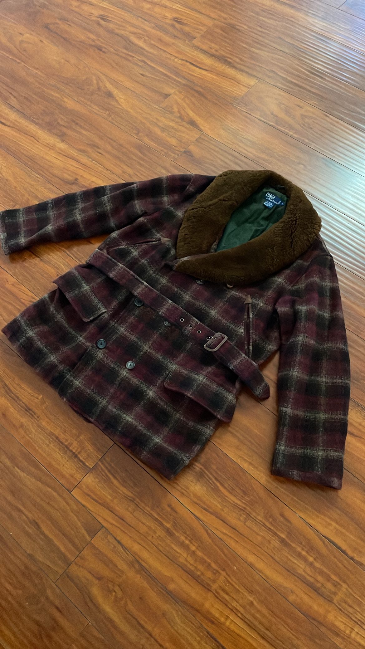 Vintage 1940’s style reproduction made by Polo Ralph Lauren in  1994 plaid wool shearling-collar ranch barnstormer with shawl collar and belted Jacket