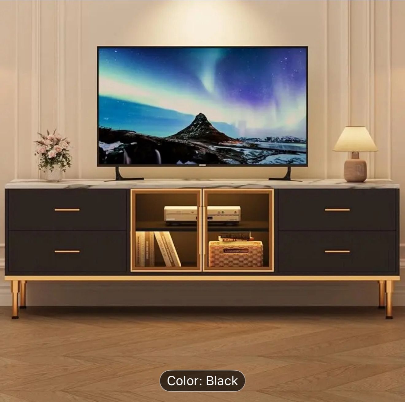 66" Fluted TV Stand Modern Entertainment Center for TVs Up to 75 Inch, Faux Marble Top, 4 Drawers & Glass Door, Sturdy Metal Frame