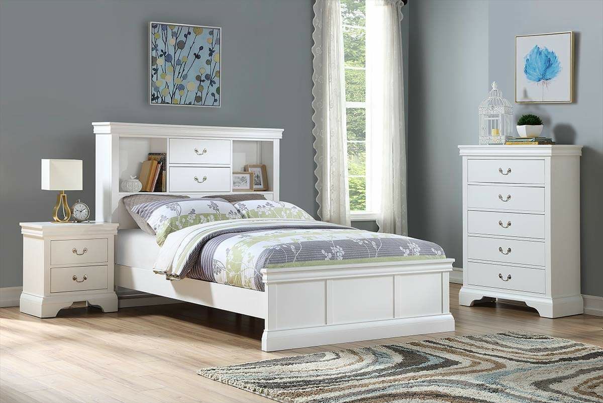 WHITE 3 PIECE FULL SIZE BEDROOM SET BOOKCASE BED NIGHT STAND CHEST