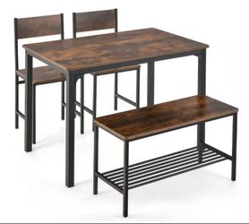 4 pieces dining table set rustic deal 2 chairs AND bench with storage Rack brown