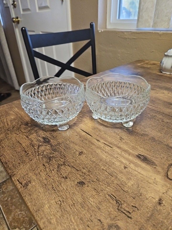 Vintage Indiana Glass Diamond Point Scalloped 3 Footed Candy Dish - SET OF 2