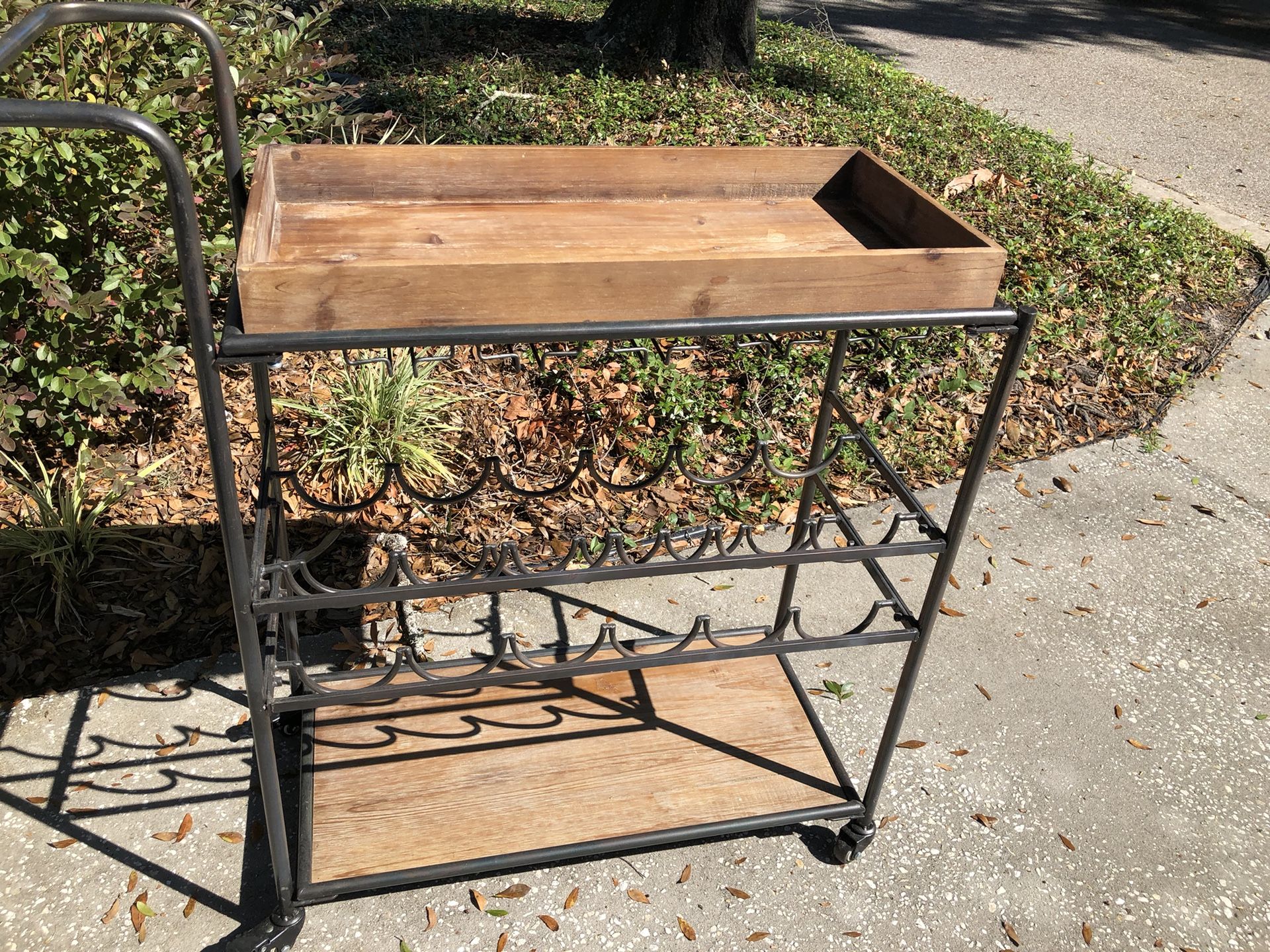Bar Cart On Wheels With Wine Bottle Storage And Wine Glass Slots Wood Top And Bottom Shelf