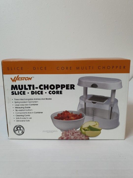 Weston Fruit and Veggie Multi-Chopper (83-2014-W) with 3 Stainless Steel Blades.... Condition is "New" ( open box ). Multi-chopper : Slice , Dice , Co