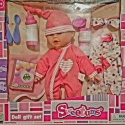 Sweatums Baby Doll And Accessories Toy Gift Set : Bebe Baby doll, onesies, bottle, utensils, beanie, bow, pacifier, etc.
