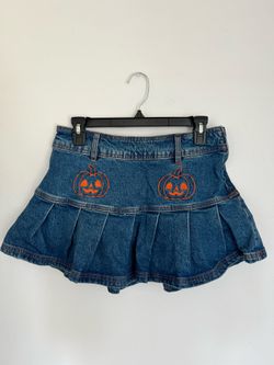 Vintage Sweet Society Jean Embroidered Pumpkin Spooky Halloween Mini Tennis Skirt with Belt Loops