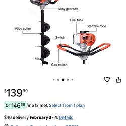 2-Stroke Gas Powered Post Hole Digger Earth Auger Drill 62CC with 3 Auger Bits(3"5"and 8") + Extensi