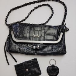 Jessica Simpson Black Faux Leather Croc Pattern Clutch Crossbody Bag
