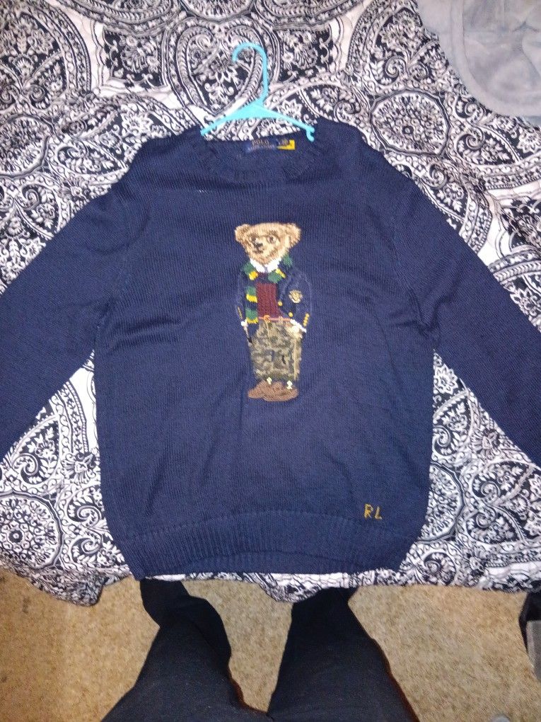 NWT Polo Ralph Lauren Navy Knit CAMO PANTS BEAR Cotton Linen Sweater Men's Large.