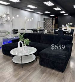 U shape sectional sofa with Pull-out bed & storage black Fur-like Jumbo Corduroy