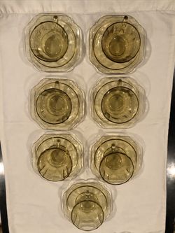 Amber Madrid Depression Federal Glass Tea Cups / Saucers (7 Sets +Bonus)