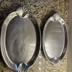 Wilton Armatele Large Pewter Scallop Handle Oval Buffet Trays 17” x 11” SET/2