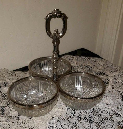 VINTAGE ORNATE VICTORIAN MID CENTURY SILVER METAL CUT CRYSTAL GLASS TRIPLE SERVING BOWL CENTERPIECE
