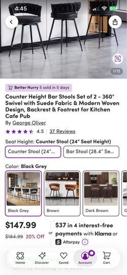 Counter Height Bar Stools 24 “ Set of 2 - 360° Swivel