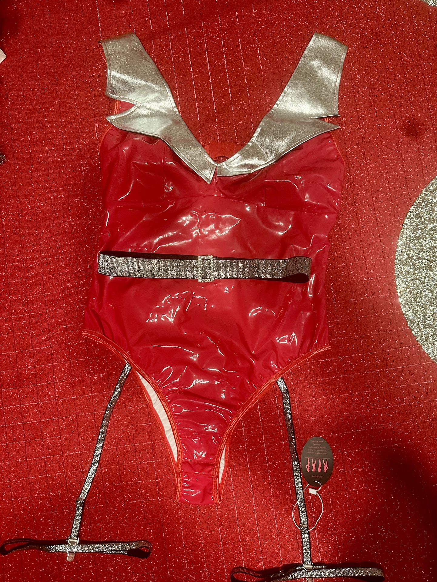 MEDIUM Red Womens Christmas Santa Costume Sexy Patent Leather Bodysuit Wet Look