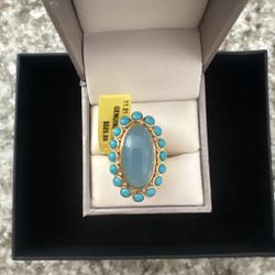 Genuine Turquoise Cluster Statement Ring – Gold Tone Oval Southwestern Ring