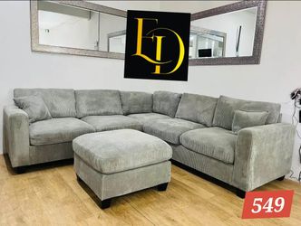Grey Cord Fabric Corner Sofa with Ottoman