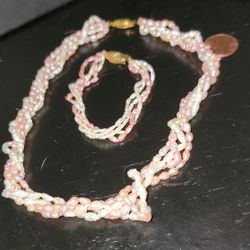 Pink/Opal Pearl Necklace And Bracelet