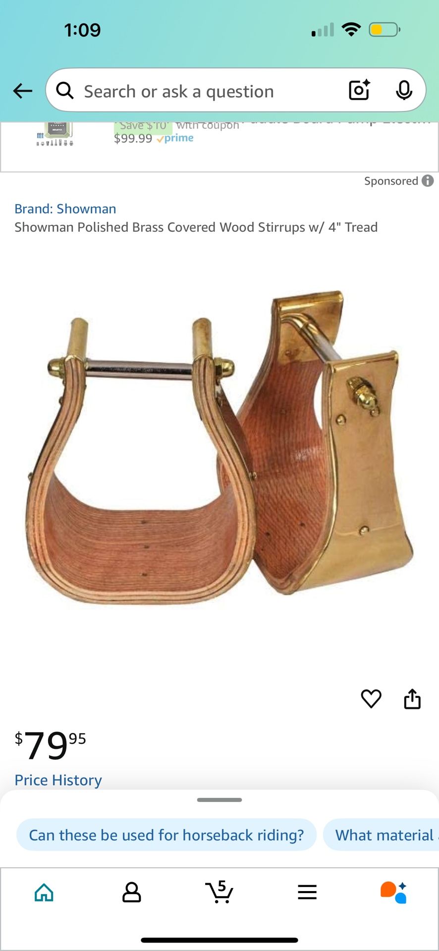 Showman Polished Brass Covered Wood Stirrups w/ 5”Tread