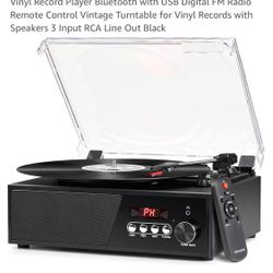 Vinyl Record Player Bluetooth with USB Digital FM Radio Remote Control Vintage Turntable for Vinyl Records with Speakers 3 Input RCA Line Out Black