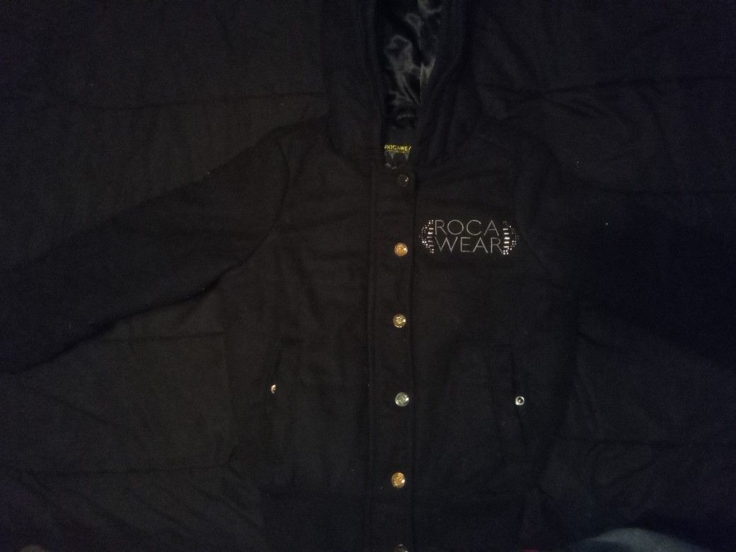 Rocawear Women's Hoody Wool Shell/ Polyester lining Coat Small Black Gently Worn( Great Condition)