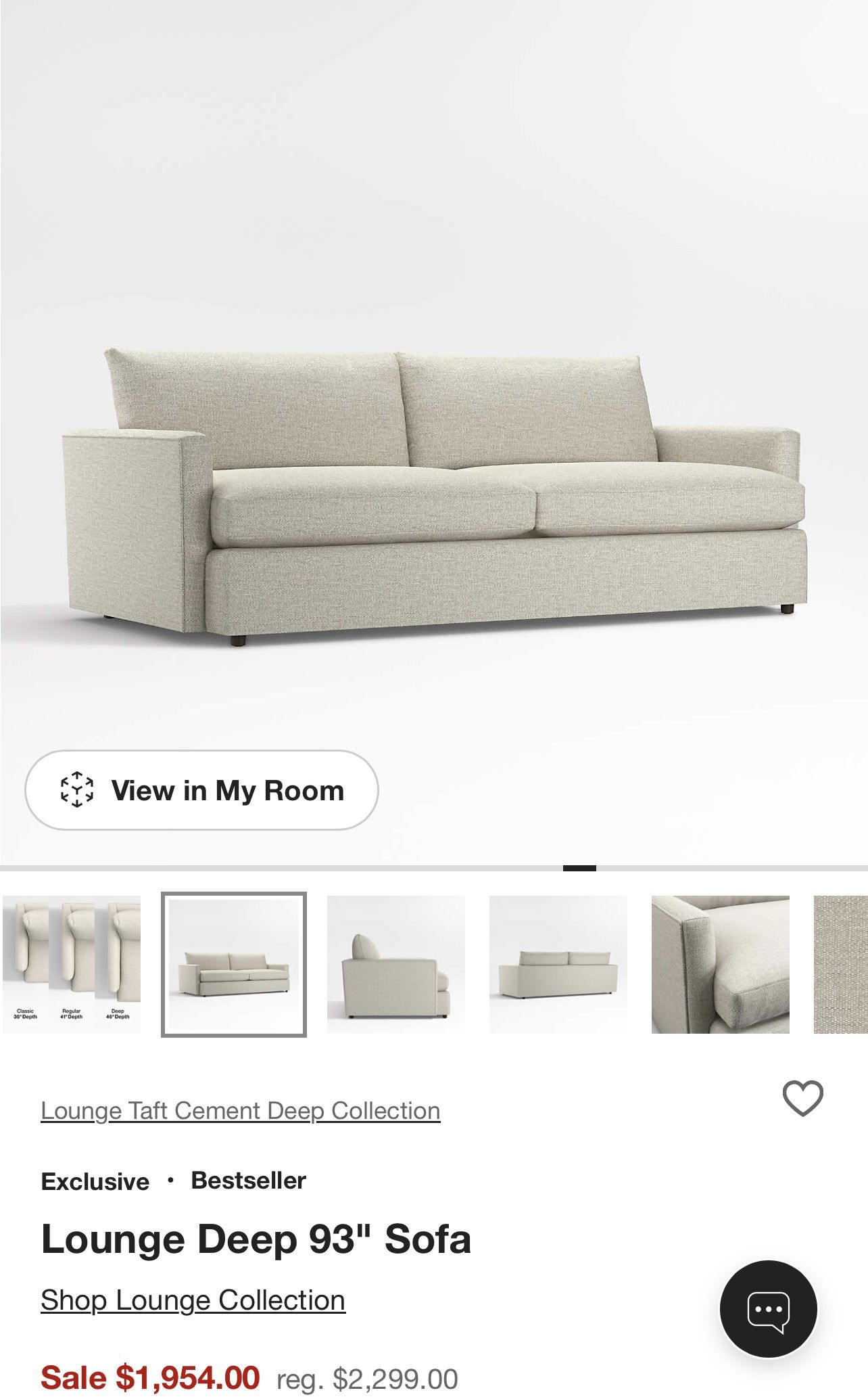 Crate & Barrel Deep Lounge Sofa - 93” x 46” - Excellent Condition - Taft Pearl (warm white)