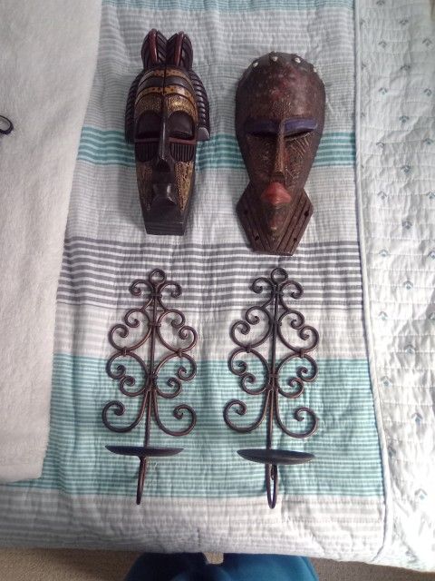 2 african Mask 2 Candle Holders Bundle
