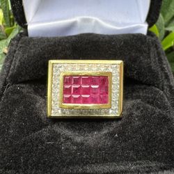18k Yellow Gold 2 TCW Pave Ruby & White Sapphire Mens Ring